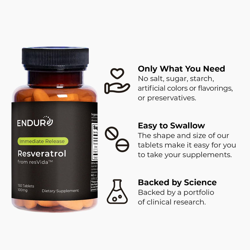 ENDUR - Resveratrol - IR (Immediate Release) Grape Skin 100 mg (150 ct) | 99% pure trans-resveratrol, branded grape extract, vegan and allergen-free, easy-to-swallow tablet