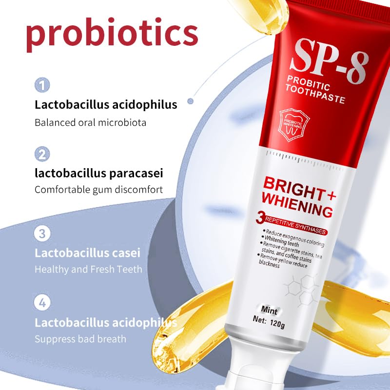 SP-8 Probiotics Whitening Toothpaste - Probiotics for Teeth Whitening and Gum Health - Enamel-Safe, Fluoride-Free, Double Mint Flavor,Fresh Breath (4)