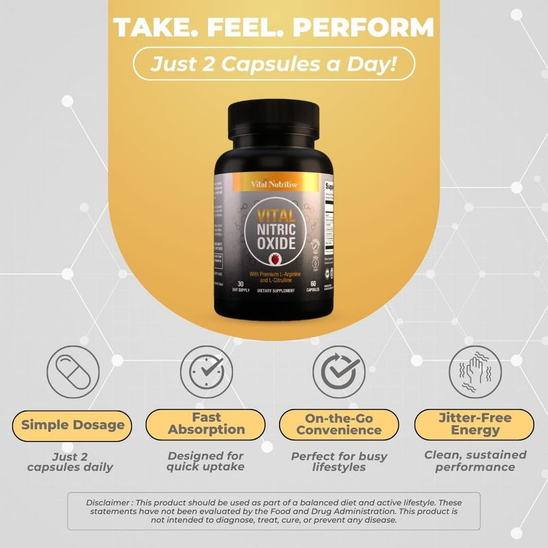 Vital Nitric Oxide Supplements for Men - Workout Booster Supplement for Men - Nitrous Oxide Boost Blood Flow, Blood Pressure, Energy & Workout Performance with L Arginine L Citruline-30 Days Supply 60 Count (Pack of 1)