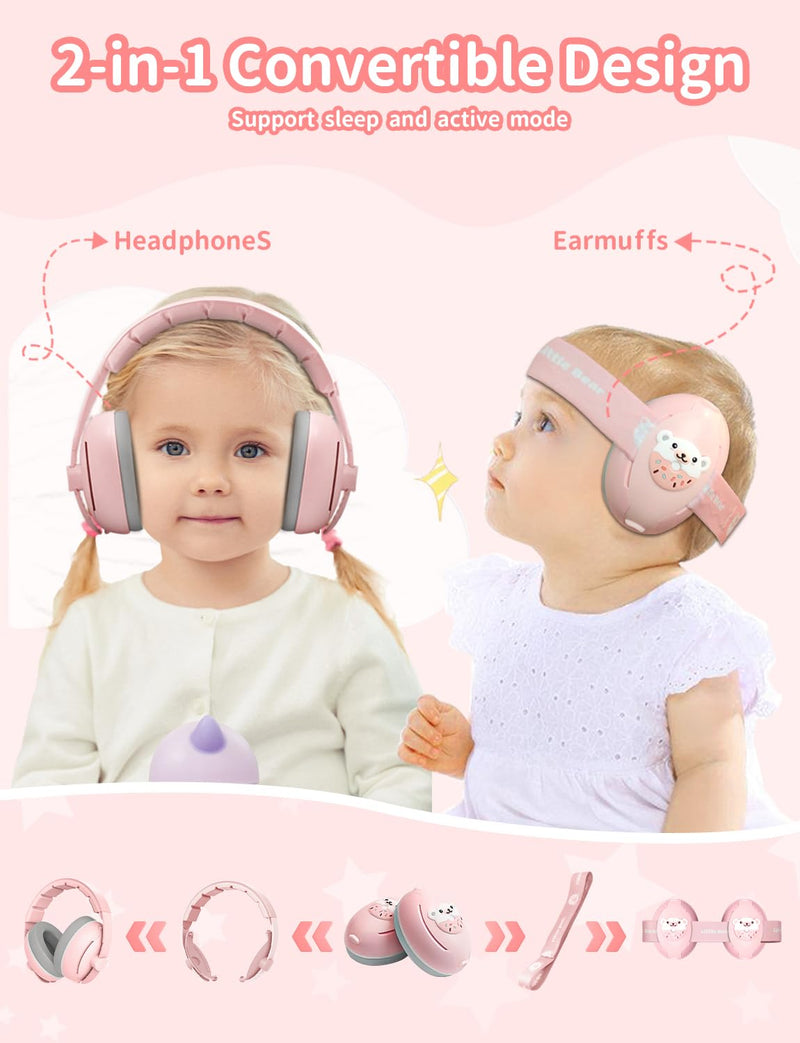 Baby Ear Muffs, 2-in-1 Baby Noise Canceling Headphone, Hearing Protection for Babies 0-48 Months, Adjustable Headband Pink