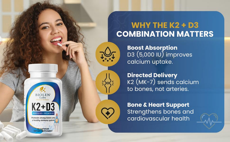 K2 + D3 Vitamin Supplement, 5000 IU D3, 100 MCG K2, Bone Health Support, Immune System Support, 60 Vegan CapsulesK2 + d