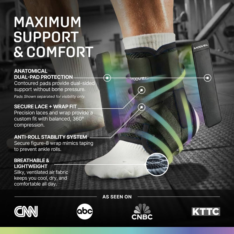 Modvel Ankle Lace Up Brace, Adjustable Ankle Brace for Women and Men, Figure 8 Strapping with Soft Pads for Sprained Joint Stability and Natural Movement Small Black - BeesActive Australia
