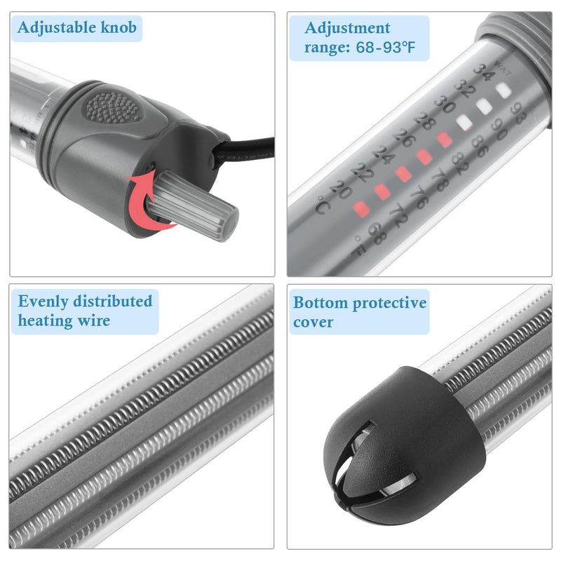 HITOP 50W Adjustable Aquarium Heater, Submersible Fish Tank Heater Thermostat with Suction Cups for 8-16Gal 7in-50w