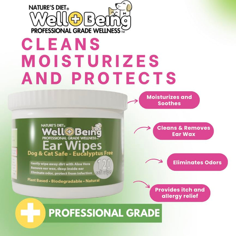 Nature's Diet Well-Being Ear Wipes with Aloe Vera for Dogs and Cats - Safe Eucalyptus Free - Gently Cleans Eliminates Odor and Itching - 120 Biodegradable Soft Wipes