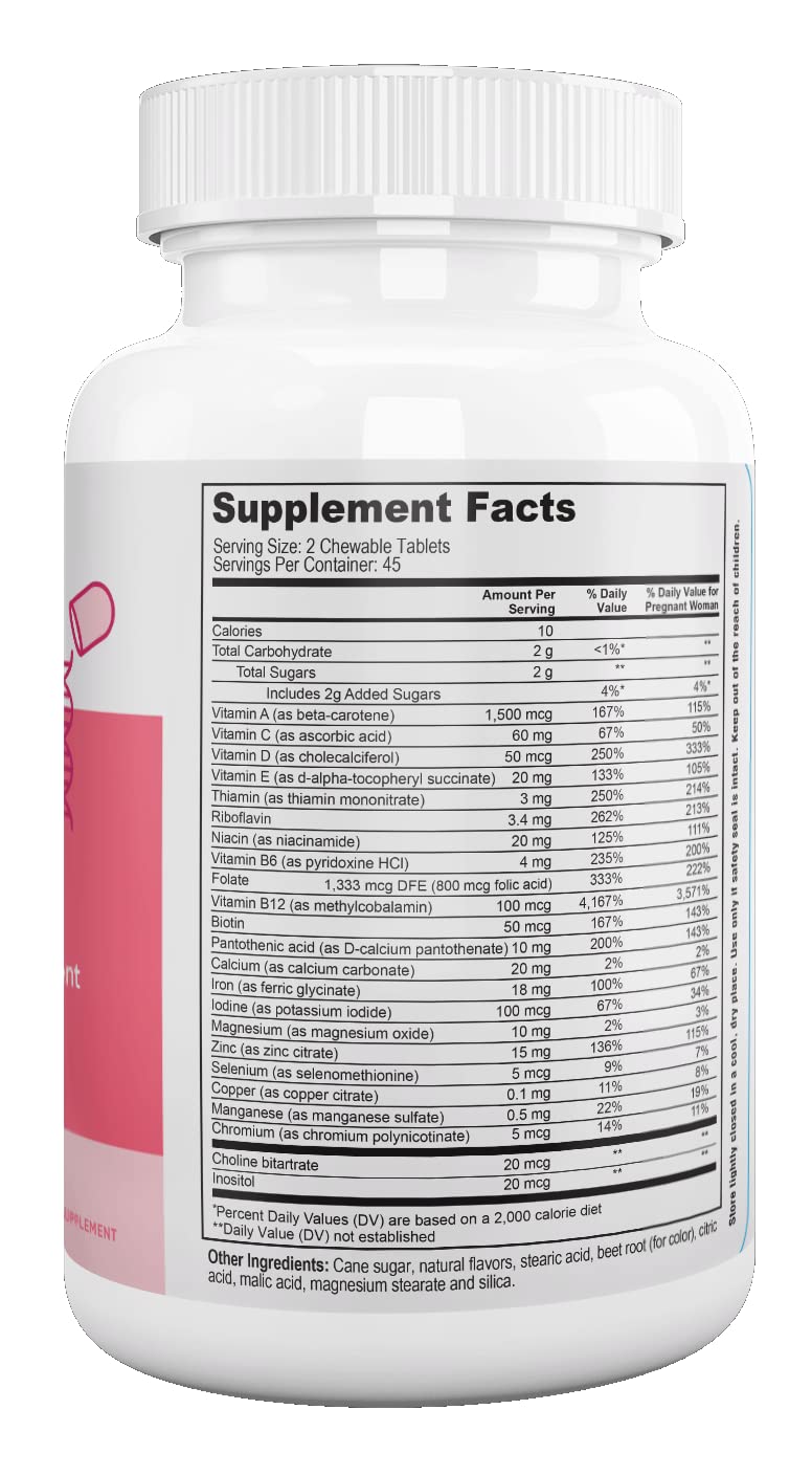 Nutri Supreme Prenatal Vitamin, Chewable Prenatal Vitamins for Women with 800 MCG of Folate, Complete Pregnancy Multivitamin with Iron, Kosher, Cherry Flavor, 90 Count Chewables- 90 Count