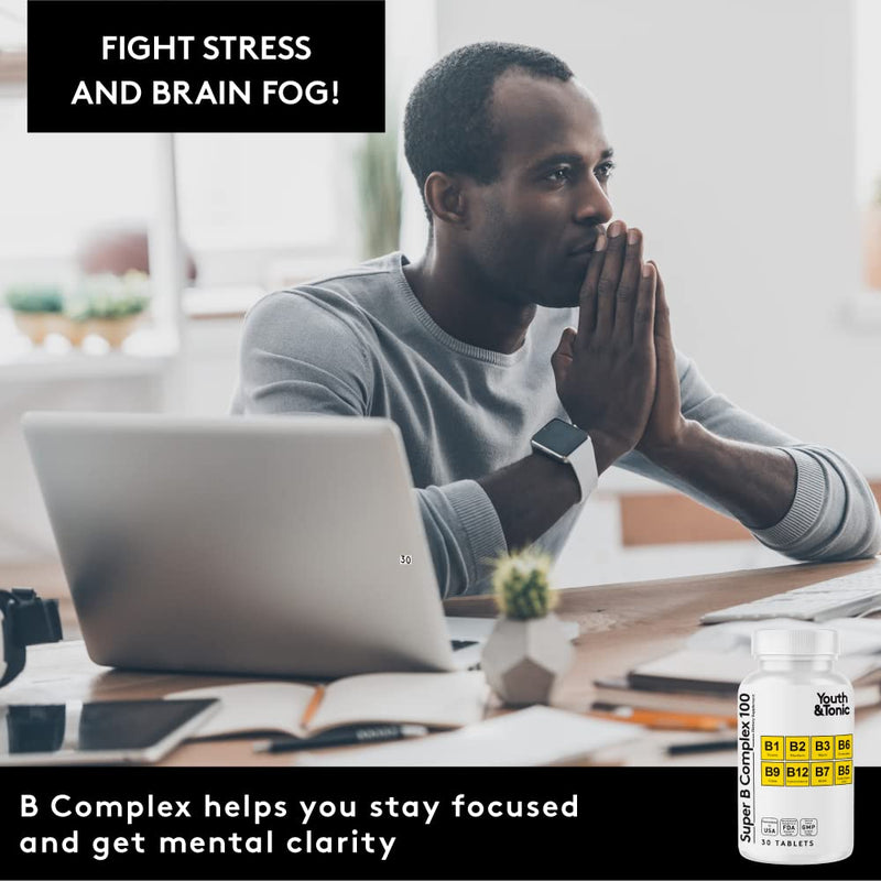Youth & Tonic Super B Complex 100, Stress B Complex, PABA B-100 Vitamins | Calm & Steady Energy, High Potency Vitamin B Complex (Complejo B) with Choline Inositol, Men & Women, 30 Tablets 30 Count (Pack of 1)