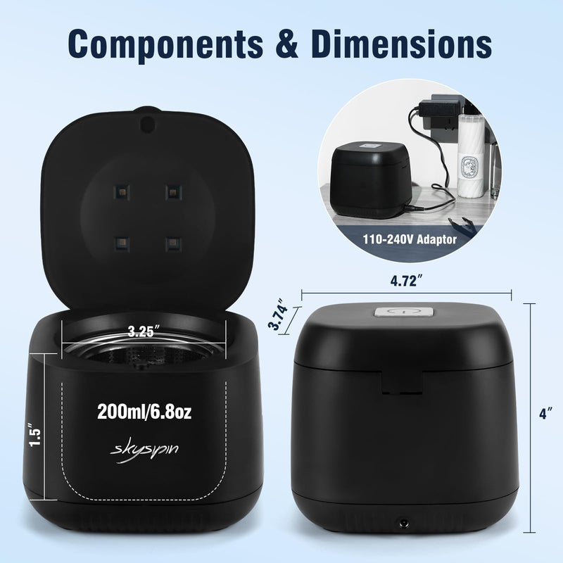 Ultrasonic Retainer Cleaner Machine U-V, 45KHz 2 Modes Quiet, Denture Aligner Cleaner Mouth Guard Dental Cleaning Ultrasonic for All Dental Appliances, Jewelry 6.8oz Black