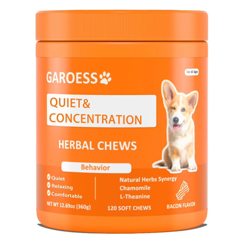 Quiet & Concentration Herbal Chews for Dogs, Behavior Support Supplement with Chamomile, L-Theanine, Valerian Root, ashwagandha, Bacon Flavor, Large container-120 Soft Chews, 12.69 oz (1) 1