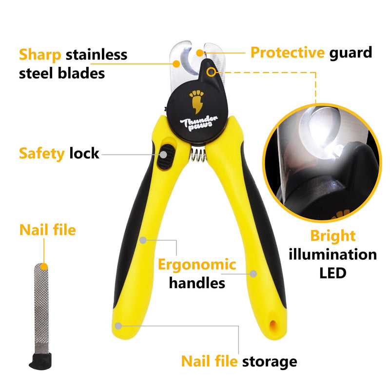 LED Dog Nail Clippers with Light, Trimmers with Protective Guard, Quick Sensor, Safety Lock and Nail File - Suitable for Large and Small Dogs & Cats (Yellow, LED) Medium-Large (LED) Yellow - BeesActive Australia