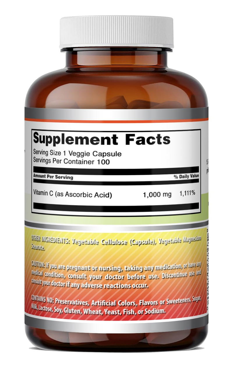 Amazing Formulas Vitamin C Supplement | 1000 Mg | Veggie Capsules | Non-GMO | Gluten-Free | Made in USA (100 Count, 1 Pack) Unflavored 100 Count (Pack of 1)