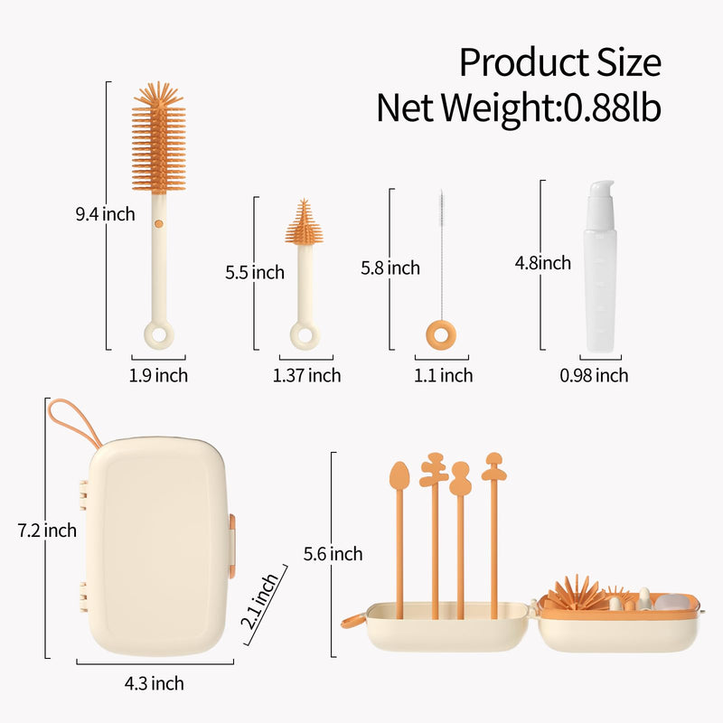 7in1 travel bottle cleaner kit,baby essentials, with Bottle brush、Nipple brush、Straw cleaner brush、Soap dispenser、Bottle drying rack、Drainage tray、Storage box,baby travel essential (White) White - BeesActive Australia