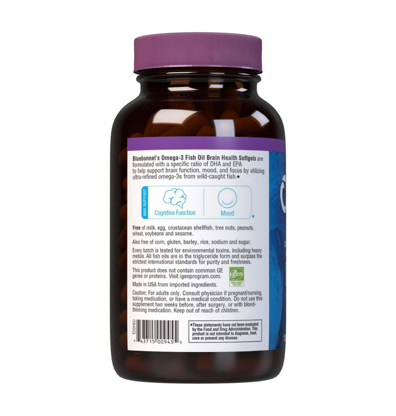 BlueBonnet Nutrition Omega-3 Brain Formula Natural Wild Caught Triglyceride Form DHA 1000 mg EPA 210 mg, Highly Concentrated Cognitive Health & Wellness Support Supplement, Gluten-Free Softgel, Yellow/Clear, Lemon, 120 Count | Brain Health; Gluten-Free...