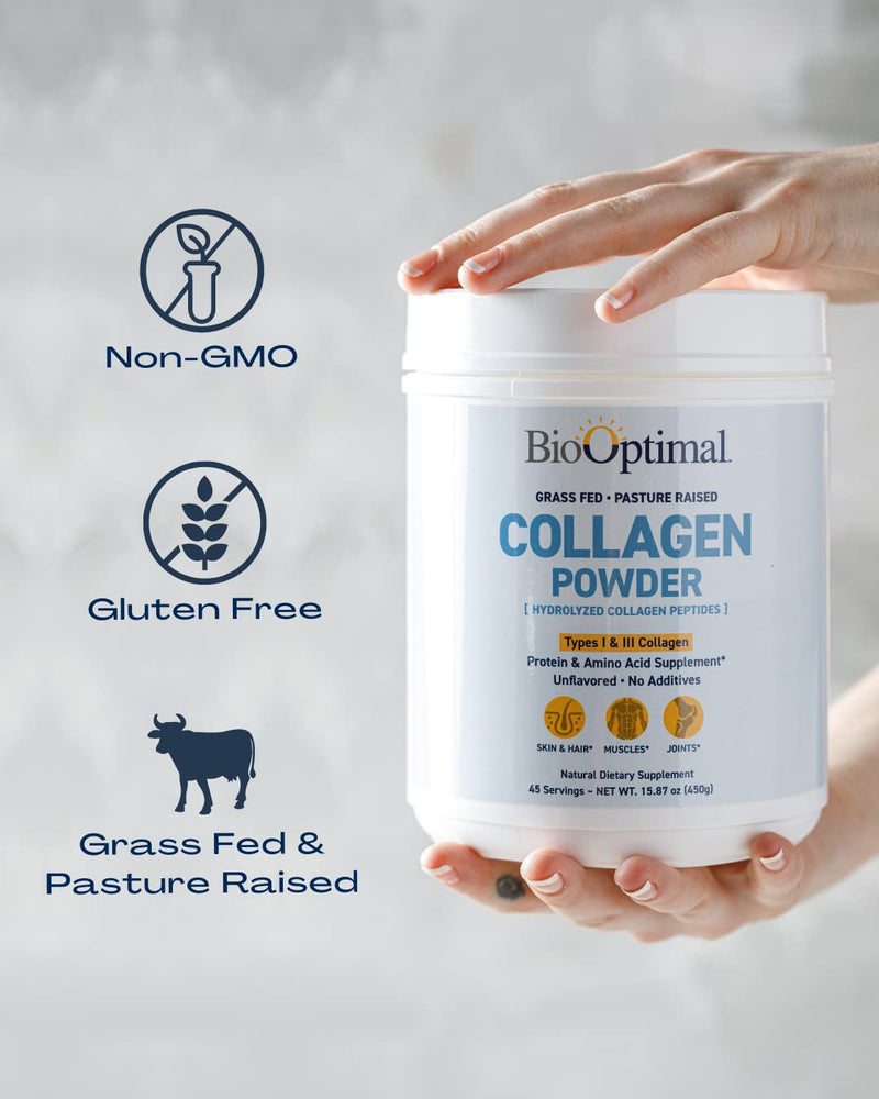 BioOptimal Grass-Fed Hydrolyzed Collagen Powder, Unflavored, Skin & Joints | Hydrolyzed Type I & III; 10g per scoop; 45 servings; non-GMO; gluten-free; no sugar or preservatives; GMP certified