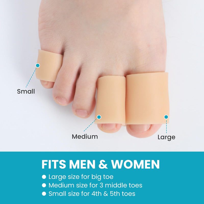 Povihome Toe Sleeves, Toe Protectors, 12 Pack Toe Tube Pads for Hammer Toe,Stubbed Toe,Corns, Calluses Protect (Medium Size, Beige) Medium Size