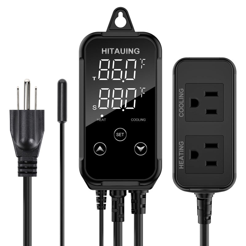 HiTauing Digital Temperature Controller, Aquarium Heater Reptile Thermostat Heating and Cooling Dual Outlet with Seawater-Resistant Probe for Fish Tanks, Reptile Tanks, Greenhouse & Seedling Mat S10B