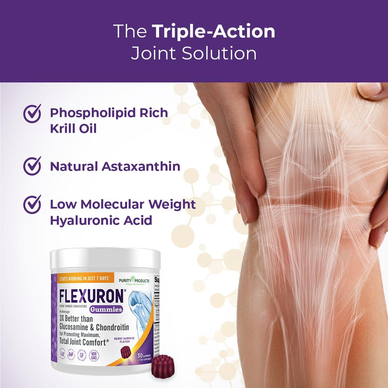 Purity Products Flexuron Gummies Joint Formula 3X Better Than Glucosamine and Chondroitin - Starts Working in just 7 Days - Krill Oil, Low Molecular Weight Hyaluronic Acid, Astaxanthin - 30 Ct (1) 1 - BeesActive Australia