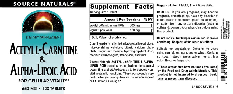 Source Naturals Acetyl L-Carnitine & Alpha-Lipoic Acid 650mg - 120 Tablets 120 Count (Pack of 1)