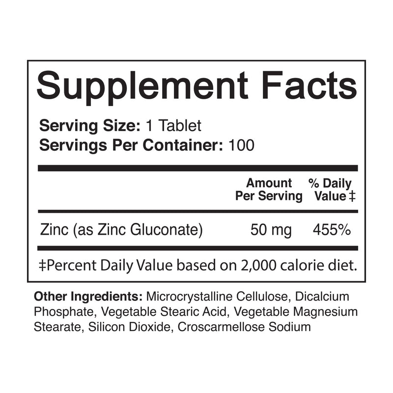 NutriFlair Zinc Gluconate 50mg, 100 Tablets - High Potency Immune System Booster Supplement Pills, Immunity Defense, Powerful Natural Antioxidant, Non-GMO, Compare with zinc picolinate, citrate, oxide