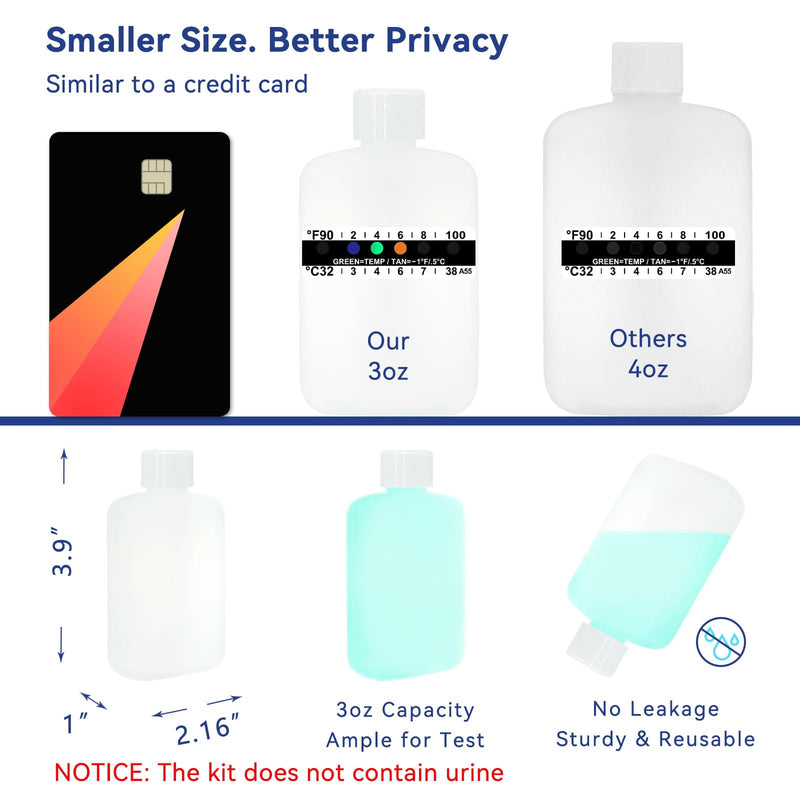 Urine Test Complete Kit - Smaller 3oz Translucent Empty Bottle, Non-Falling and Hi-Stretch Hidden Leg Strap, Urine Test Temperature Strips and Velour Lining Sample Bag, Urine Test Practice Kit at Home Screw cap