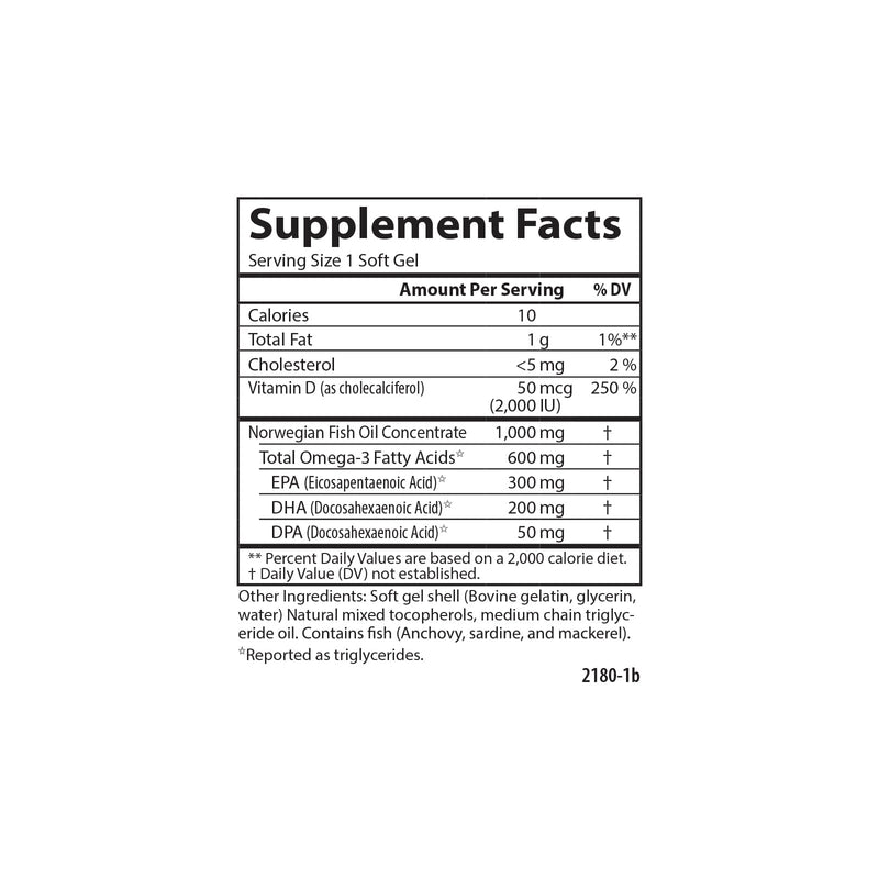Carlson Omega-3 + D, 600 mg Omega-3s with EPA & DHA + 2,000 IU Vitamin D3, Wild-Caught Fish Oil, Norwegian-Sourced Omega-3 Supplement, Heart, Brain & Bone Support, 50 Soft Gels