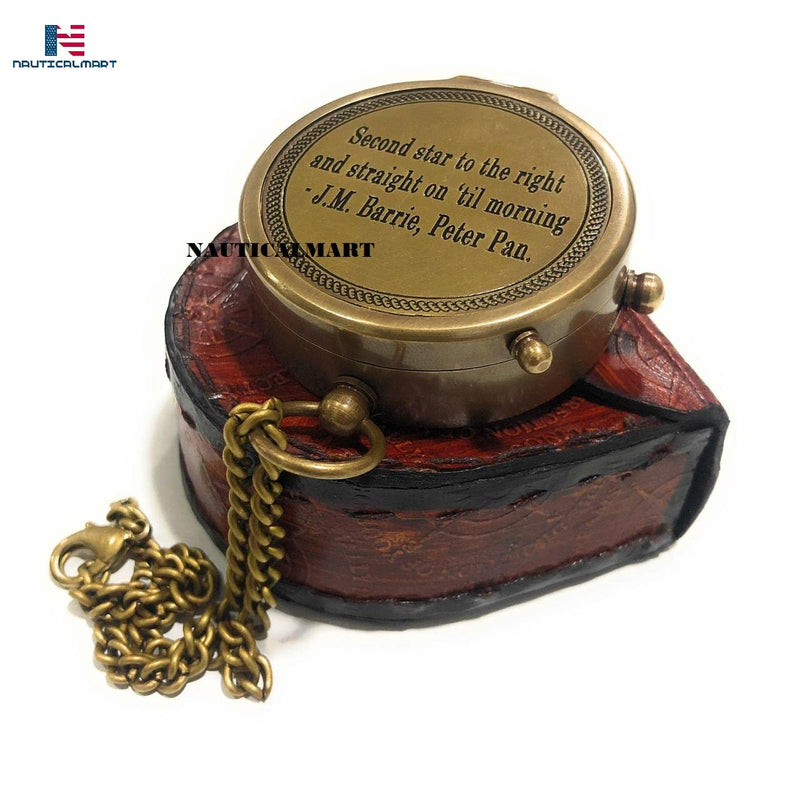 Second Star to The Right J. M. Barrie, Peter Pan Engraved Brass Compass Directional Compass Magnetic Pocket Personalized Gift for Camping, Hiking and Touring - BeesActive Australia