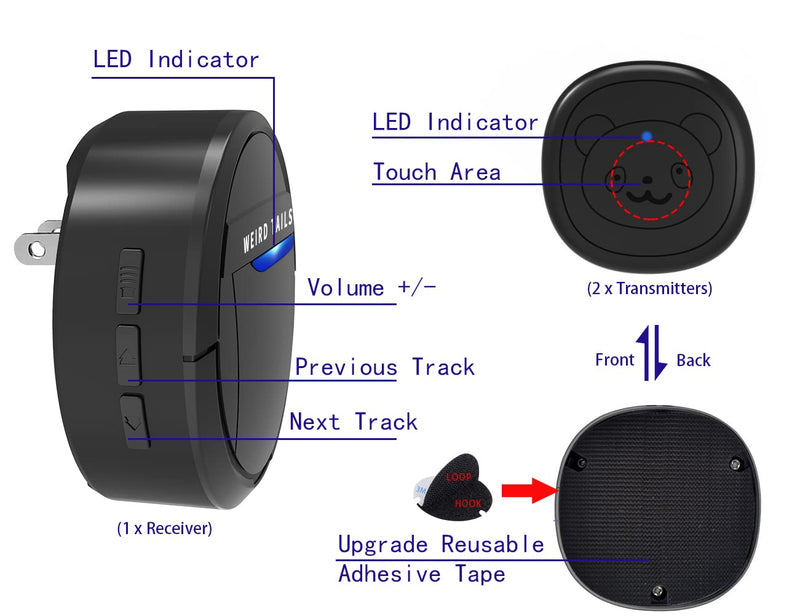 Wireless Doorbell, Dog Bells for Potty Training IP55 Waterproof Doorbell Chime Operating at 950 Feet with 55 Melodies 5 Volume Levels LED Flash (1 Receiver 2 Transmitters) 1 Receiver 2 Transmitters - BeesActive Australia