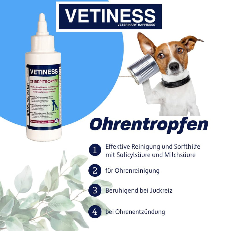 Vetiness Ear Cleaner for Dogs and Cats 100 ml | Ear drops with salicylic acid, lactic acid and lavender oil | Ear care & removes dirt and residue | Ear mites | Ear cleaner dog 100 ml ear cleaner - BeesActive Australia