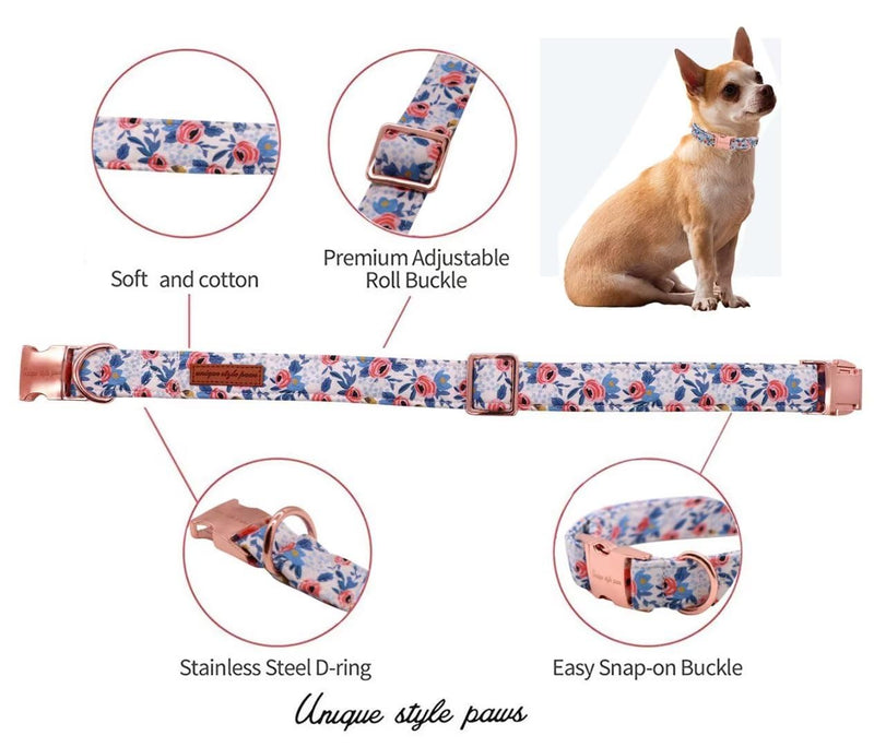Unique style paws Dog Collar Metal Buckle Red Rose Collar Flower Gift Durable Cute Collar for Small Medium Large Boys Girls Dogs blue flower - BeesActive Australia