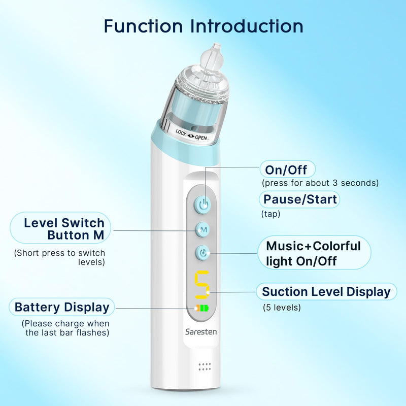 Nasal Aspirator for Baby,Rechargeable Nose Sucker for Baby,Baby Nasal Aspirator with 3 Silicone Tips,Adjustable Suction ,Waterproof Booger Sucker for Baby with Music and Light Function,Blue Blue - BeesActive Australia