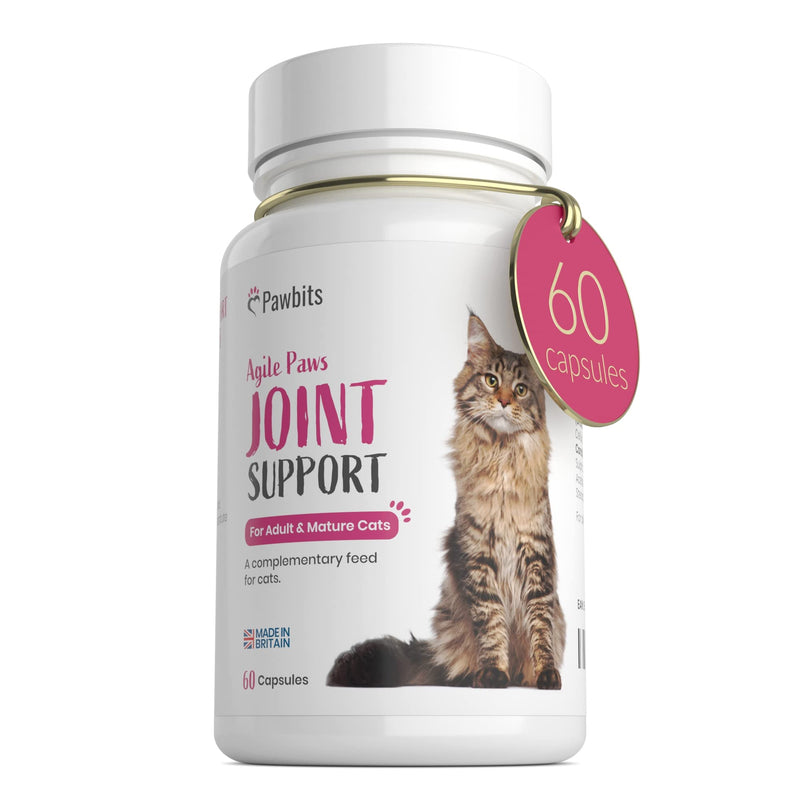 60 Pawbits Joint Support for Cats Tablets for Stiff & Mature Adult Cats Anti-Inflammatory Relief Supplements, Green Lipped Mussel, Glucosamine & Hyaluronic Acid Sprinkle Capsules (60) 60 Tablets