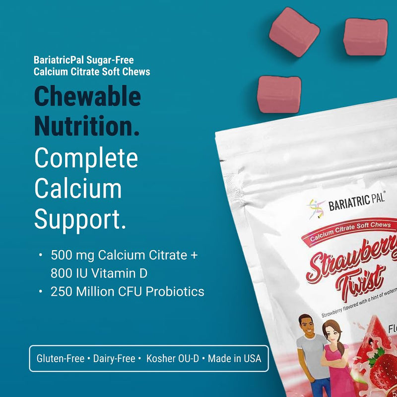 BariatricPal Sugar-Free Calcium Citrate Soft Chews | 500mg with Vitamin D & Probiotics | Strawberry Twist | 90 Count (1 Month Supply) - BeesActive Australia
