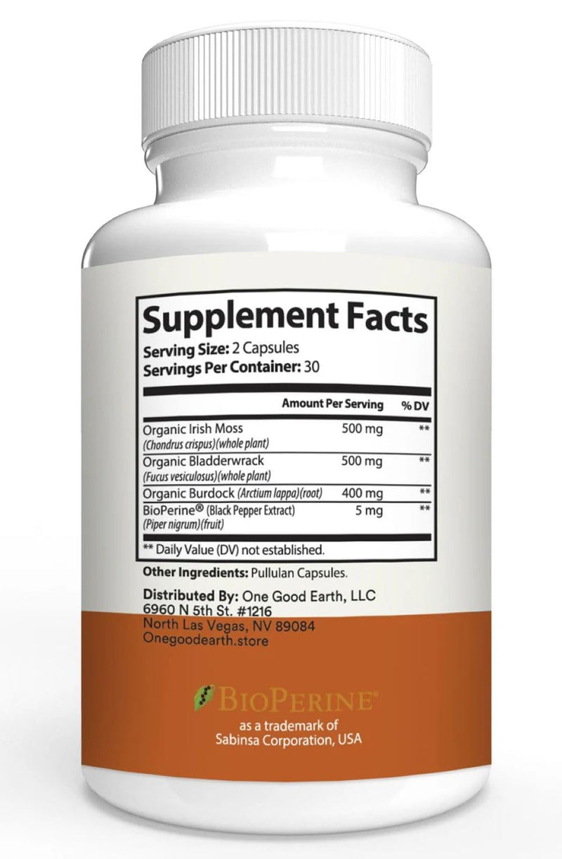 Sea Moss (60 Capsules) with 1405mg of Irish Moss Bladderwrack Burdock Black Pepper Extract Calcium Magnesium Potassium Zinc Selenium Iodine with Vitamins A, B2, C, B9 and K