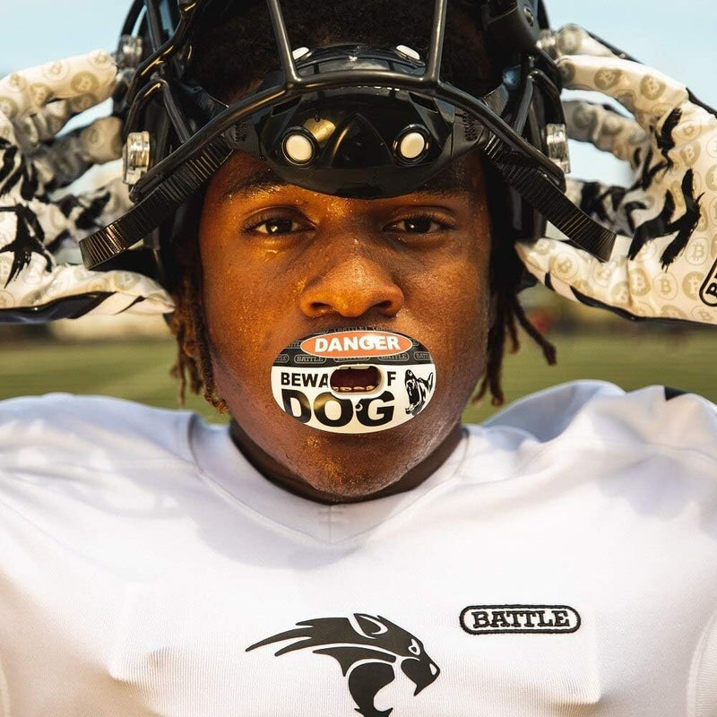 Battle Sports Oxygen Football Mouthguard - Football Mouth Guard with Strap, Superior Airflow & Better Performance, Maximum Breathability, Works with Braces - Texas Plate/White - BeesActive Australia