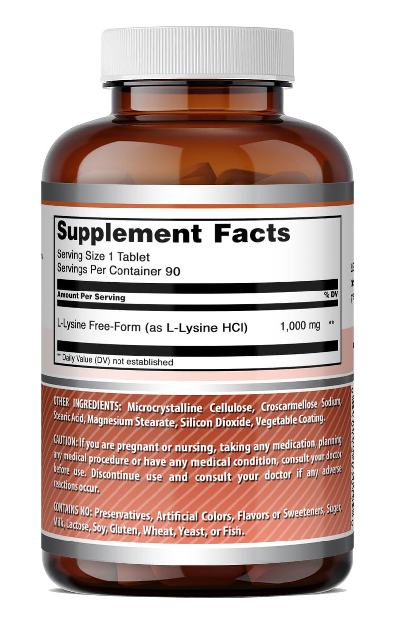 Amazing Formulas L-Lysine 1000mg Amino Acid Tablets Supplement | Non-GMO | Gluten Free | Made in USA (90 Count) 90 Count