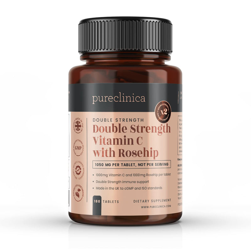 pureclinica Vitamin C with Rosehip – 2000mg (1000mg VIT C & 1000mg Rosehip Extract) x 180 Tablets - 6 Months Supply! 180 Count (Pack of 1)