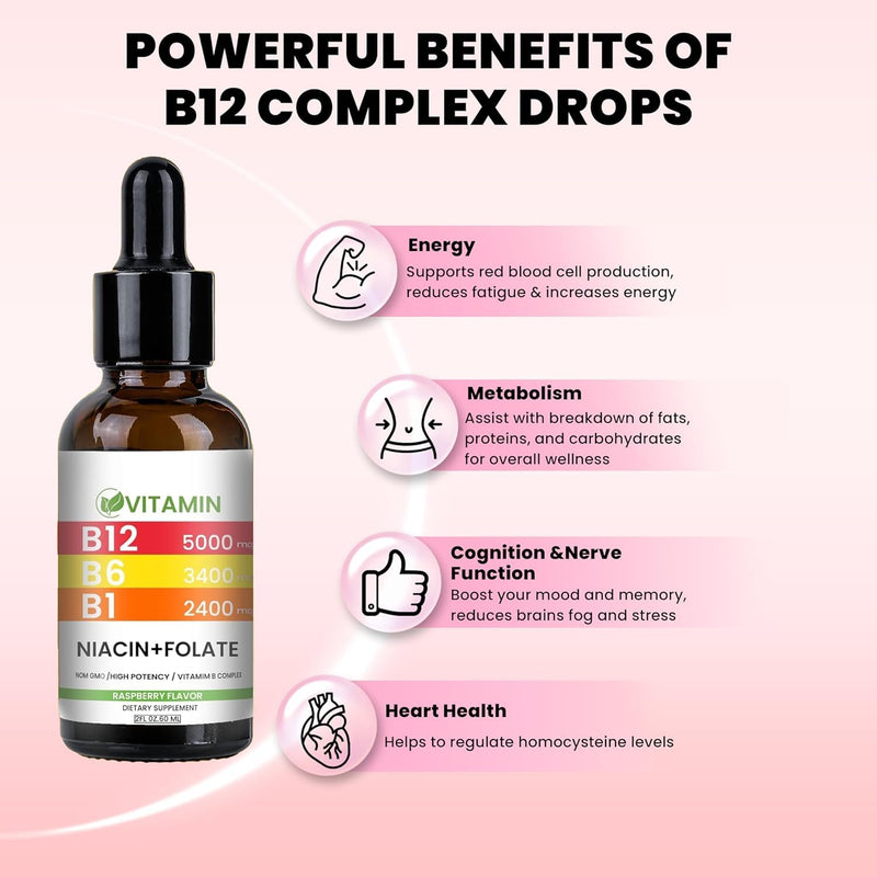 Vitamin B12 and B6 Liquid Drops, Raspberry | B12 Vitamin 5000mcg - B12 Methylcobalamin for Energy, Brain, and Heart Support with, 80 Servings