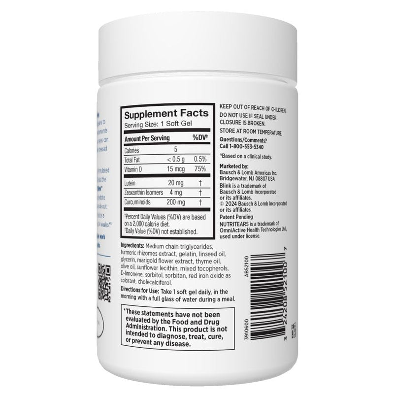 BLINK NutriTears Clinically Proven Supplement for Dry Eyes,Eye Care with Lutein & Zeaxanthin and Vitamin D to Hydrate Eyes from Within for Long-Lasting Relief,50 Softgels,(Pack of 2) NutriTears Supplement (50 Count) (Pack of 2)