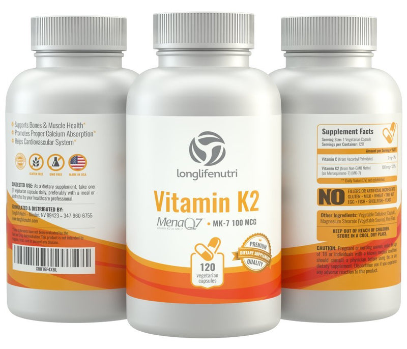 Vitamin K2 MK7 100 Mcg with MenaQ7-120 Veg Caps | from Natto | Heart & Bone Health | Cardiovascular Support | Non-GMO 120 Count (Pack of 1) - BeesActive Australia