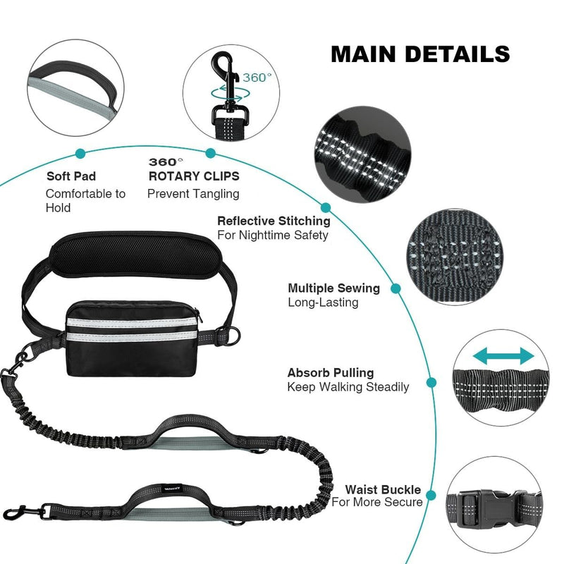 Hands Free Dog Leash with Pouch, Dual Attachment for Two Dogs, Retractable Bungee with Double Padded Handles, Waist-Mounted for Running,Walking, Jogging Friendly Dog Accessories (Black/Silver Gray) Black/Silver Gray