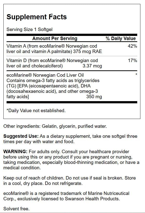 Swanson Cod Liver Oil - Wellness Supplement Promoting Bone, Skin Health, Vision Support & Immune System Function w/High Absorption Vitamin A - (180 Softgels, 350mg Each) | Supports Bone, Skin, Eye and Immune Health with Highly Absorbable Cod Liver Oil ...