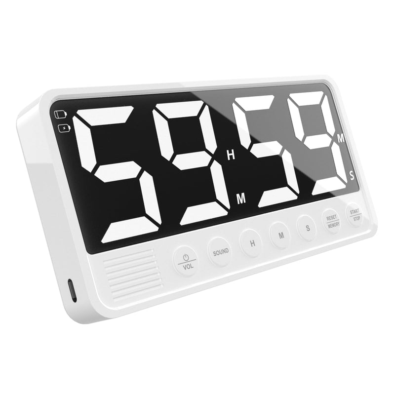 Extra-Large Display Digital Kitchen Timer with 7.4” LED Screen, 6 Alarms & 4 Volume Levels, 3 Memory Presets, Magnetic Stand Rechargeable Count Down/Up Timer for Cooking Home Gym, White