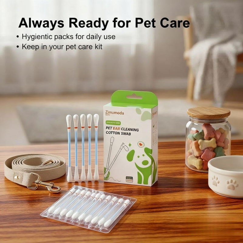 50 Pcs 2-in-1 Pet Ear Cleaning Cotton Swabs for Dogs & Cats - Essential Oil Infused Cat Ear Cleaner - Gentle Ear Wax Removal - Soothing Itch & Freshness - Individually Wrapped for Easy Use