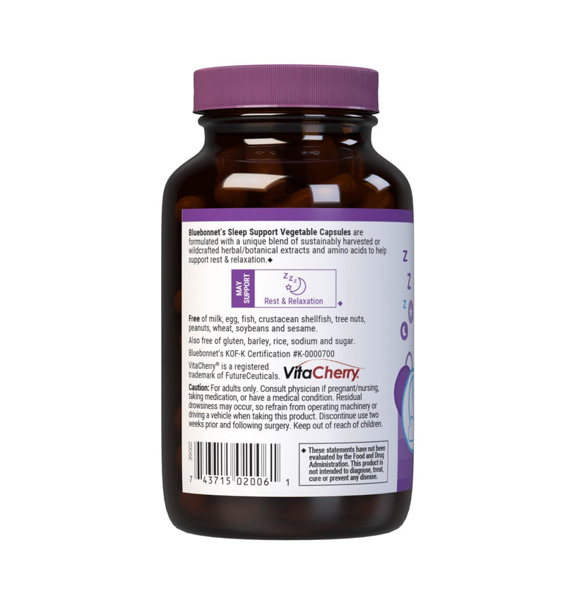 Bluebonnet Nutrition Sleep Support, Rest & Relaxation Whole Food-Based Formula*, Non-GMO, Vegan, Gluten-Free, Kosher Certified, Soy-Free, Dairy-Free, 60 Vegetable Capsules, 60 Servings | Non-GMO, Vegan, Kosher Certified, Gluten-Free, Soy-Free, Dairy-Free