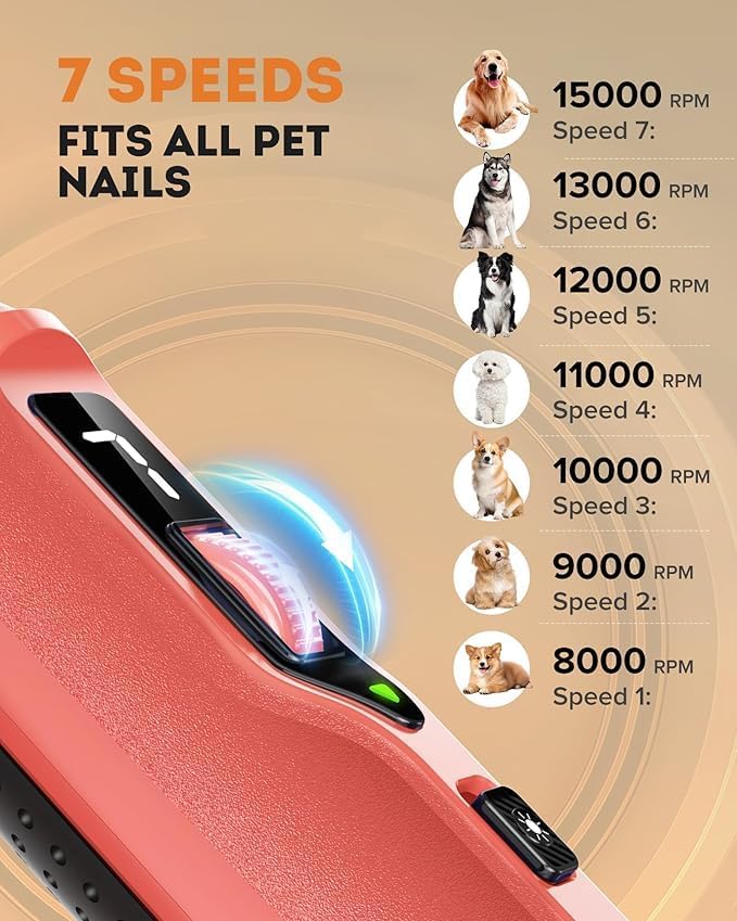 7-Speed Dog Nail Grinder with LED Light – Ultra Quiet Electric Pet Nail Trimmer for Large Dogs & Cats – Professional Grooming Tool with Dust Collector, One-Hand Speed Control & Instant Stop Safety Red - BeesActive Australia