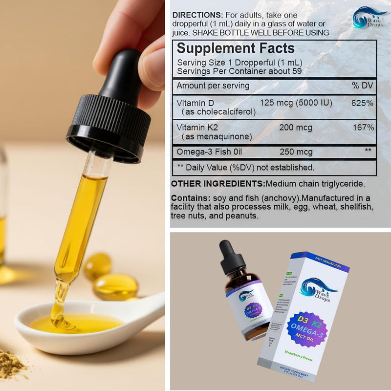 Vitamin D3 & K2 with MCT Oil & Omega 3: Liquid Drops, No Fillers, Non-GMO, 2 Fl Oz
