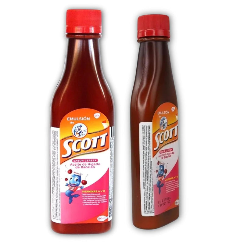 Emulsion de Scott Aceite de hígado de bacalao sabor Cereza - Pack de 2 de 6.1 fl oz - 180 ml - Suplemento dietético para niños con vitamina A y Calcio