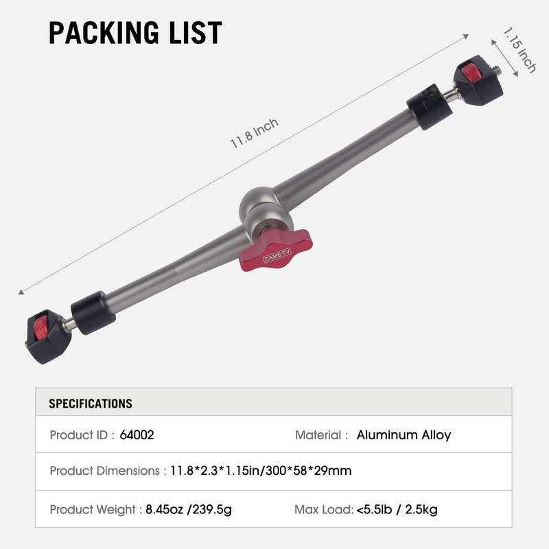 Came-TV 11" Articulating Magic Arm Camera Mount with 360° Ball Heads & 1/4 Screws & Locating Pins, Aluminum Camera Magic Arm Articulating Arm for Monitor Video Light Camera Cage Rig (64002) 11" Magic Arm