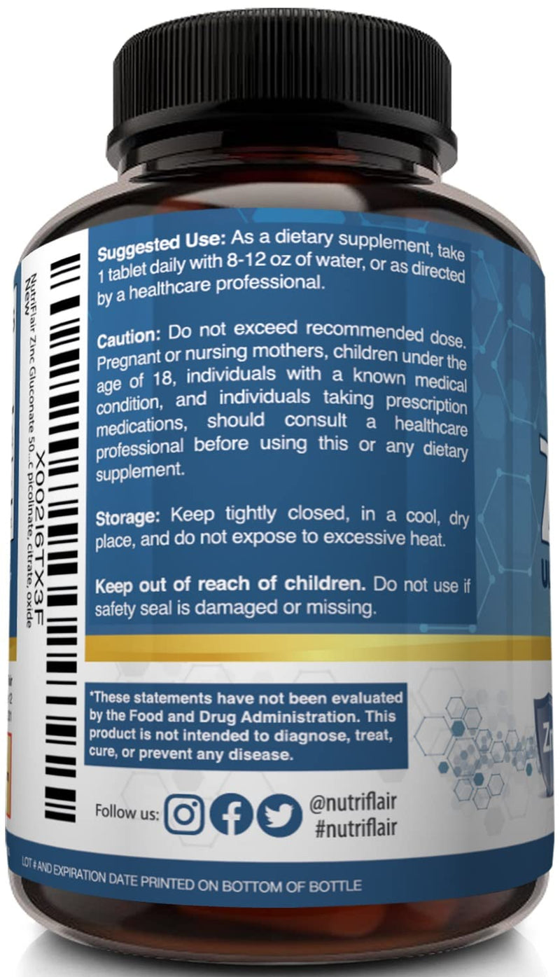 NutriFlair Zinc Gluconate 50mg, 100 Tablets - High Potency Immune System Booster Supplement Pills, Immunity Defense, Powerful Natural Antioxidant, Non-GMO, Compare with zinc picolinate, citrate, oxide