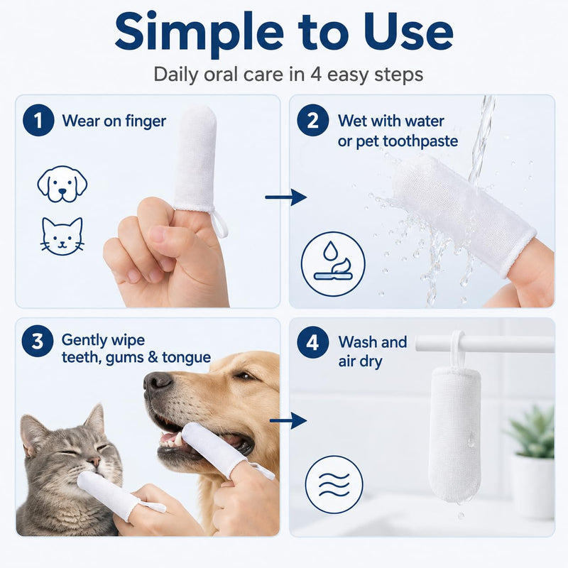 6 Pcs Pet Finger Toothbrush Set – Soft Cotton Gauze Finger Brushes for Dogs Cats Puppies Kittens – Reusable Pet Teeth, Gum and Tongue Cleaning Sleeves with Elastic Ring for Daily Oral Care