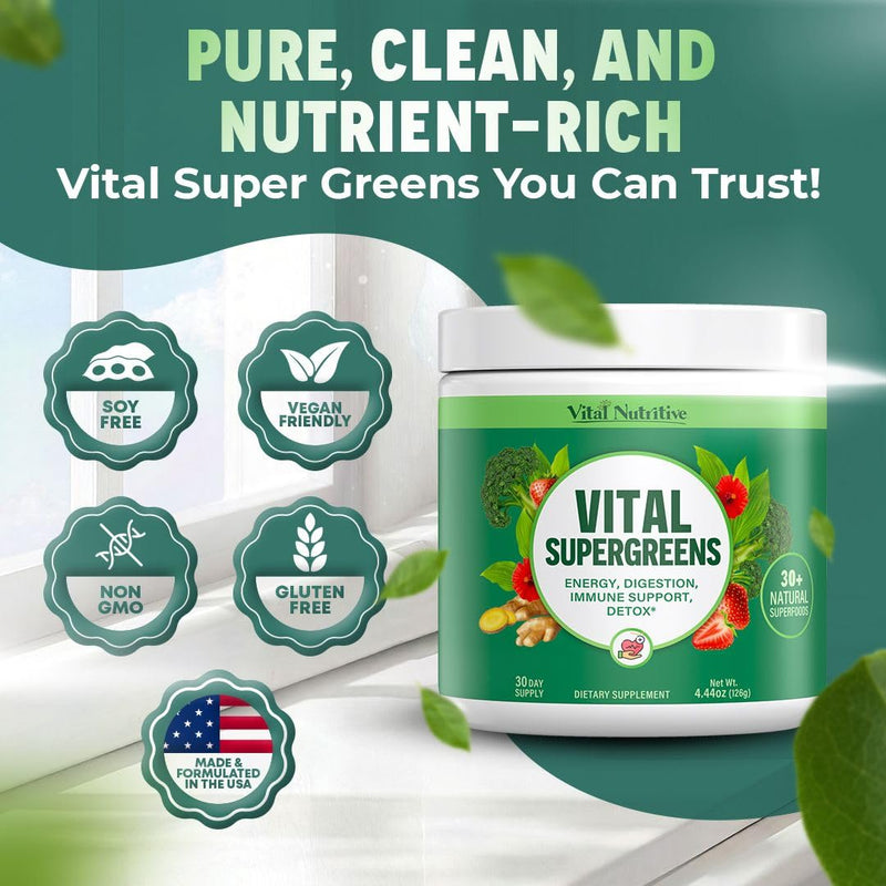 Vital Greens Superfood Powder, 30+ Ingredients ‚Äì Daily Green Drink Powder w/Probiotics & Superfoods ‚Äì Supergreens for Energy, Gut Health, Digestion Support, Plant-Based, Vegan Superfoods